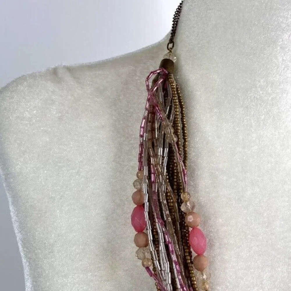 Beaded Necklace Multi Strand Twisted Seed Bead‎ Pink Clear Gold Tone Statement